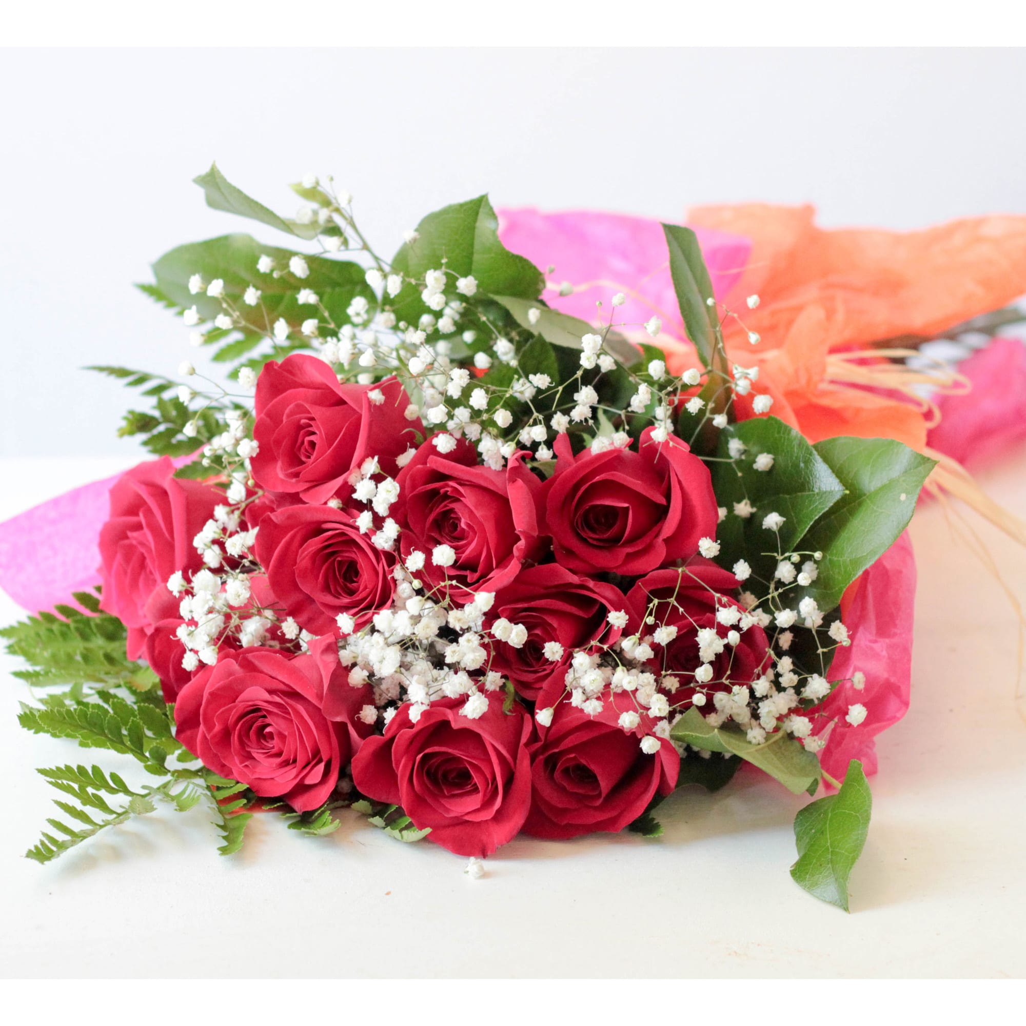 Wrapped Red Dozen Roses with Babies' Breath and Greens - PICK UP ONLY
