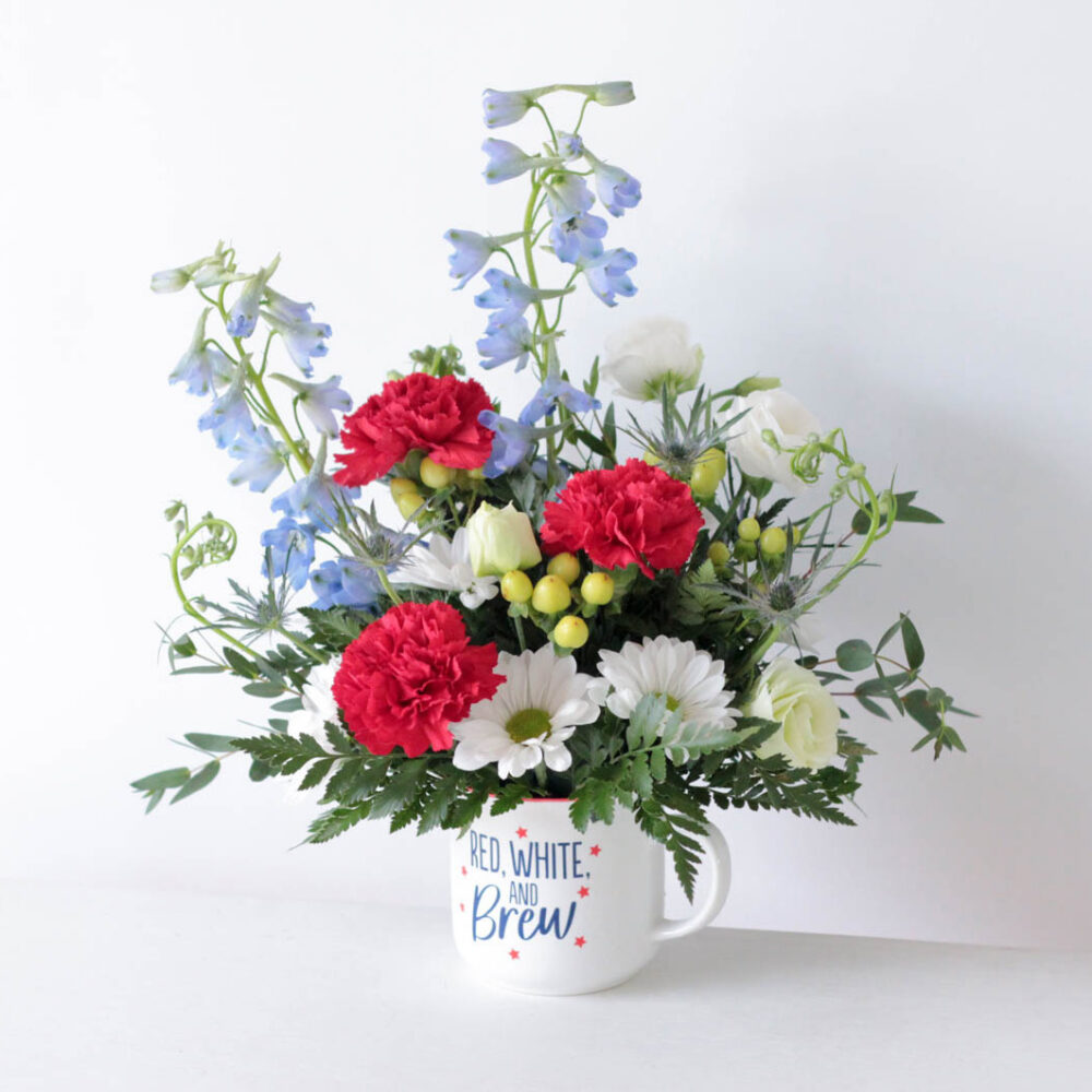Red, White, and Brew Coffee Mug Floral Arrangement